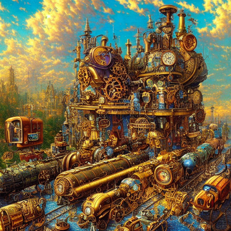 Steampunk train with clocks, gears, and pipes in golden landscape