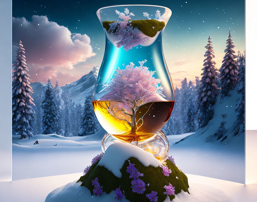 Glass with small colorful tree showing seasons in snowy twilight landscape