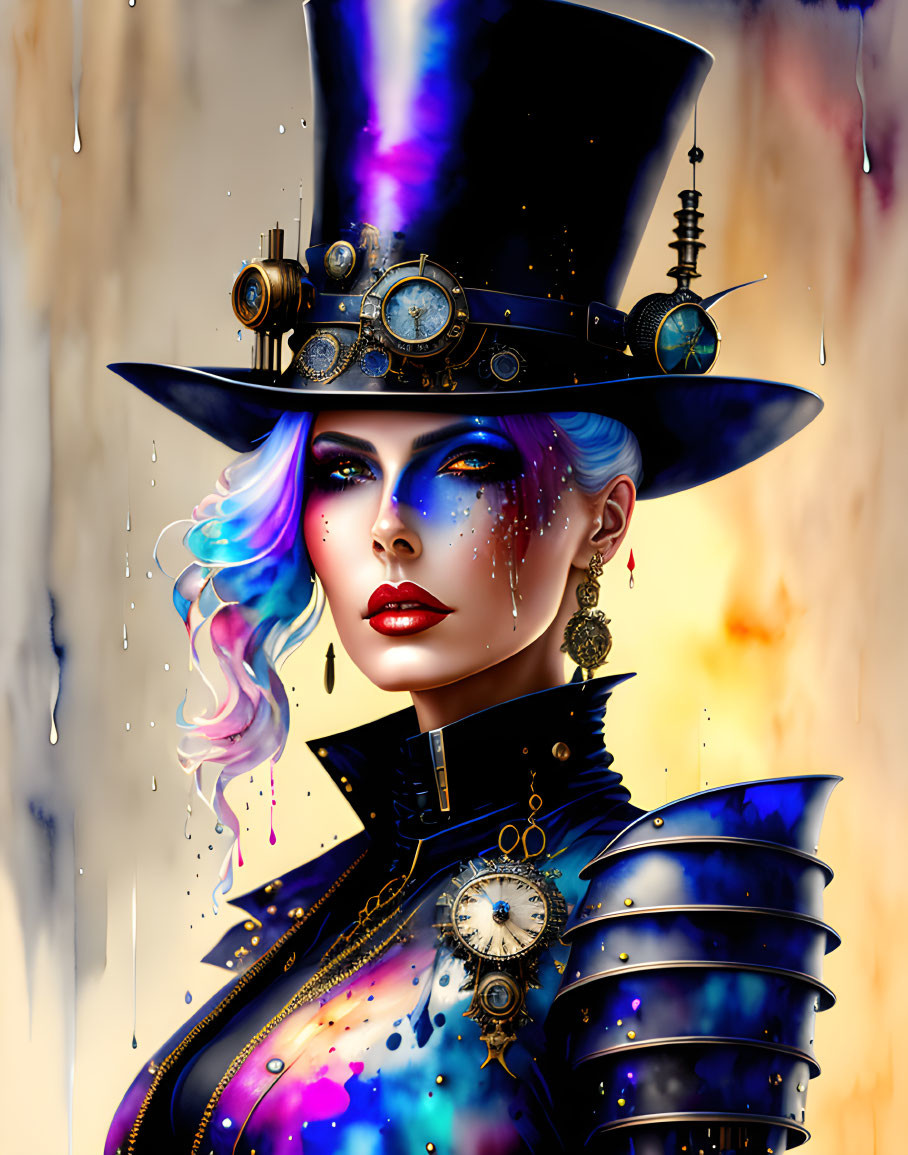 Digital artwork: Woman in steampunk attire with high-collared coat and gear-adorned