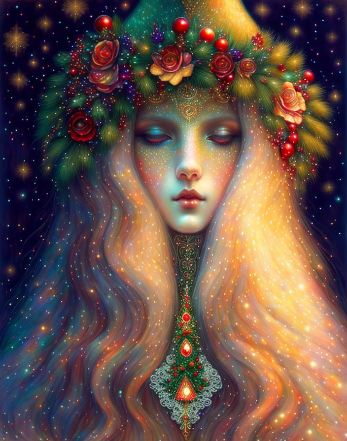 Digital art: Serene female with floral crown in starry setting