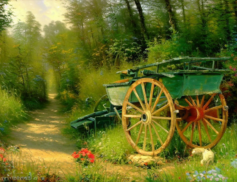 Weathered green wooden cart near serene forest path with lush greenery and wildflowers