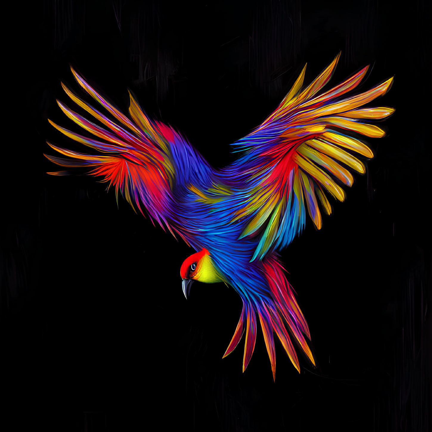 Colorful Parrot Illustration in Mid-Flight on Dark Background