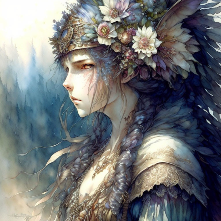 Ethereal fantasy illustration of woman with floral crown and feathered details