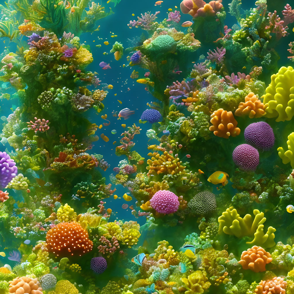 Colorful Coral Formations and Fish in Vibrant Underwater Scene