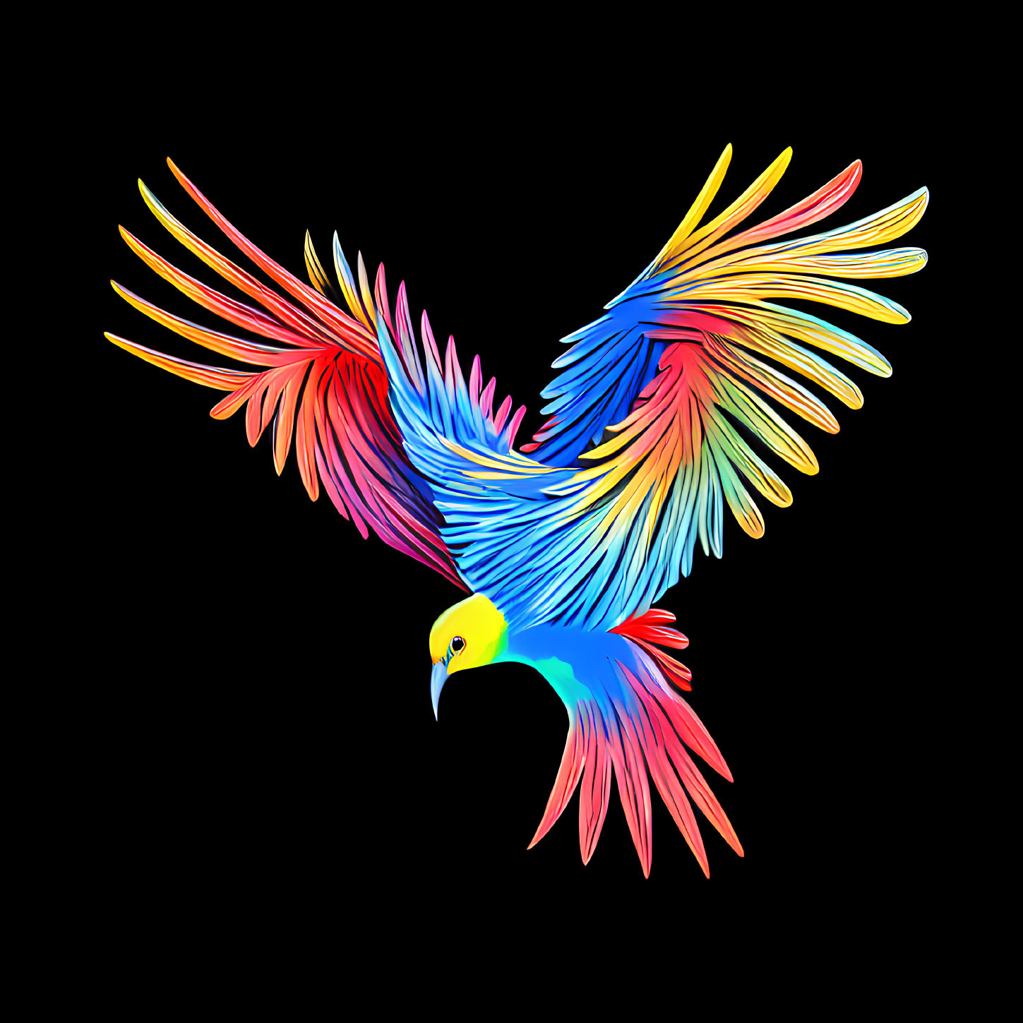 Colorful Bird Artwork: Multicolored Bird in Flight on Black Background