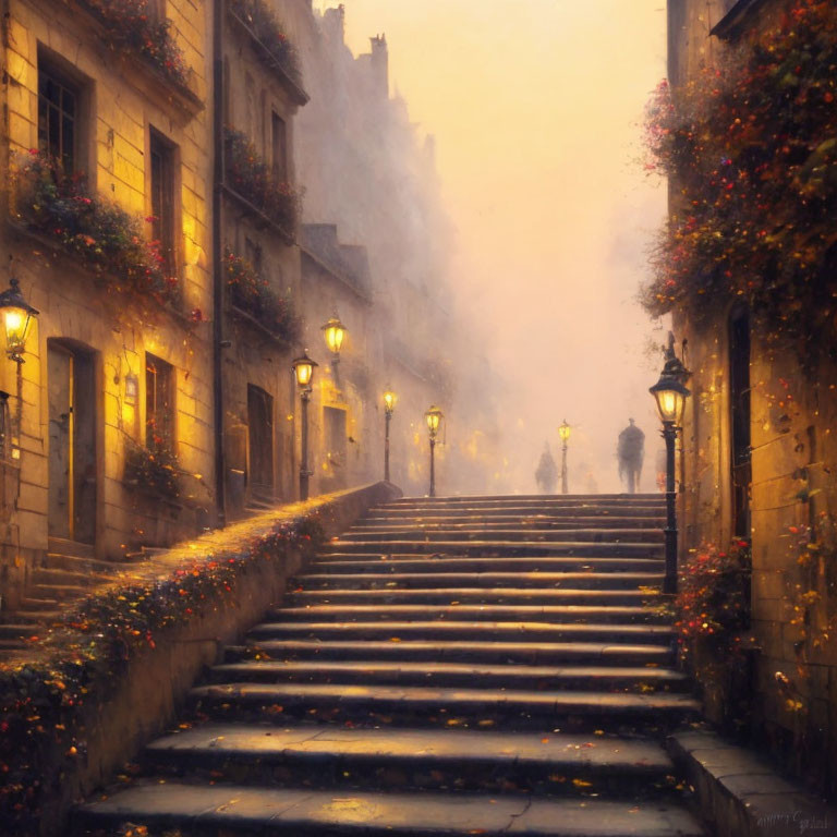 Glowing street lamps on misty cobblestone staircase at night