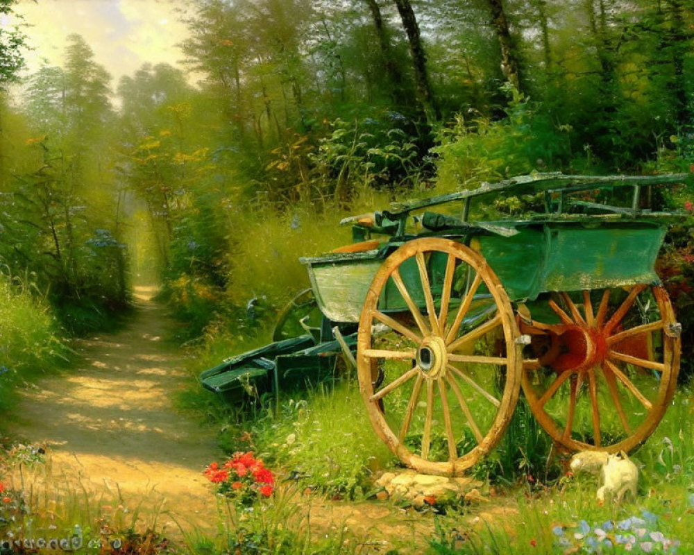 Weathered green wooden cart near serene forest path with lush greenery and wildflowers