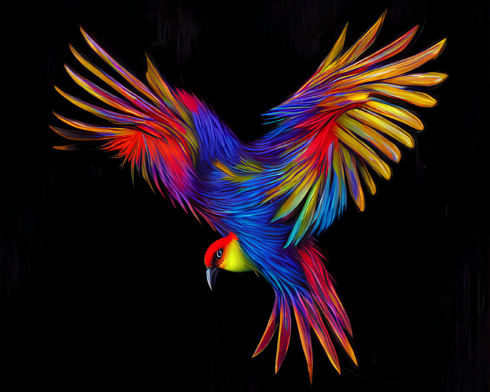 Colorful Parrot Illustration in Mid-Flight on Dark Background