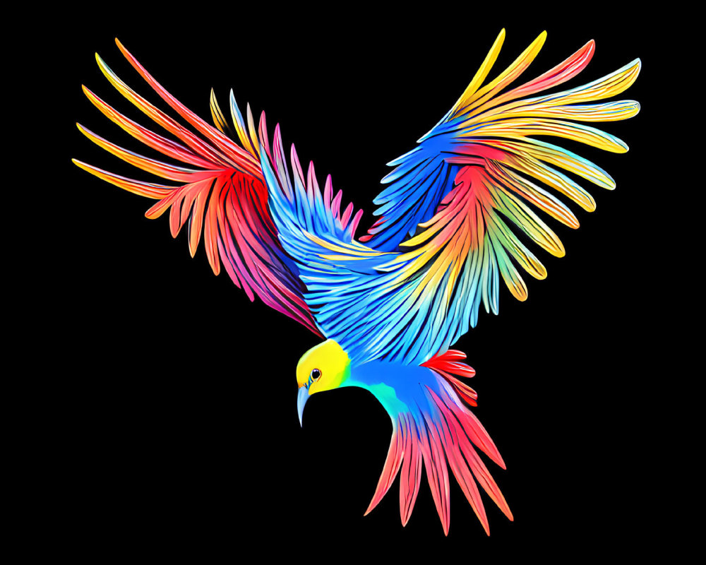 Colorful Bird Artwork: Multicolored Bird in Flight on Black Background