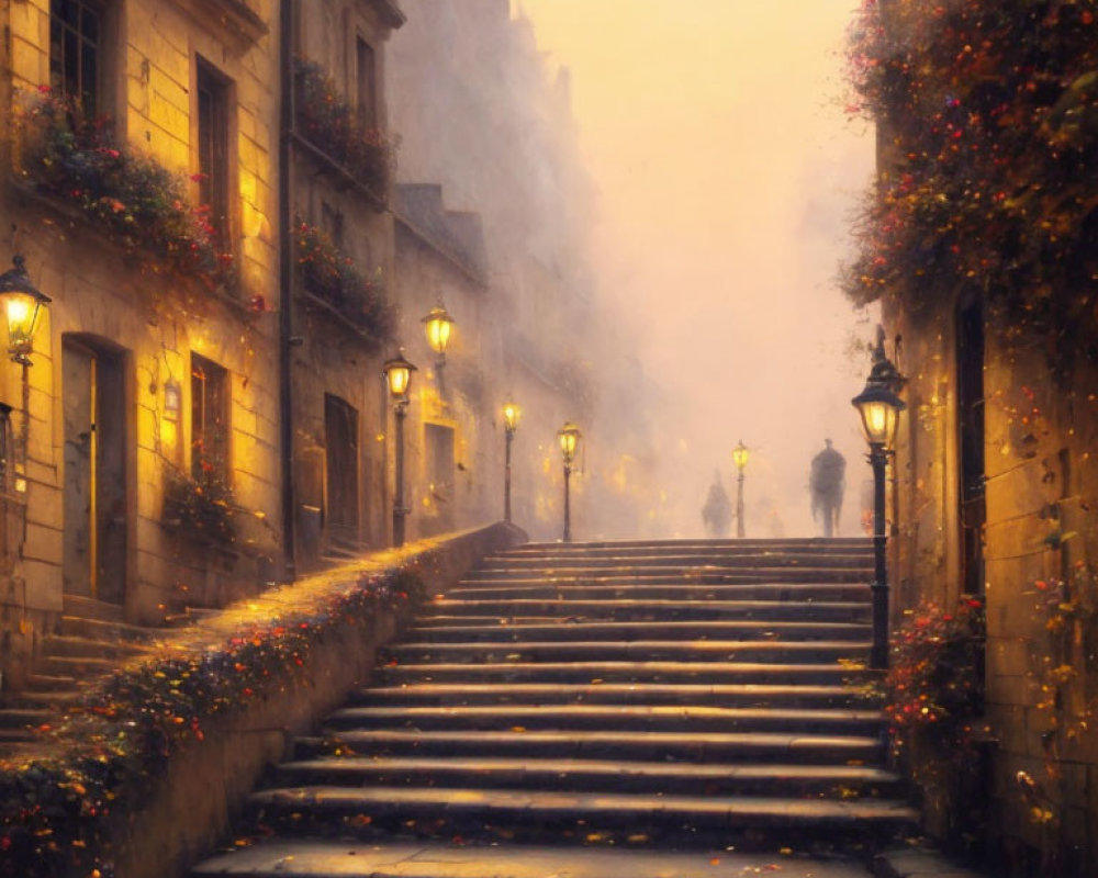 Glowing street lamps on misty cobblestone staircase at night