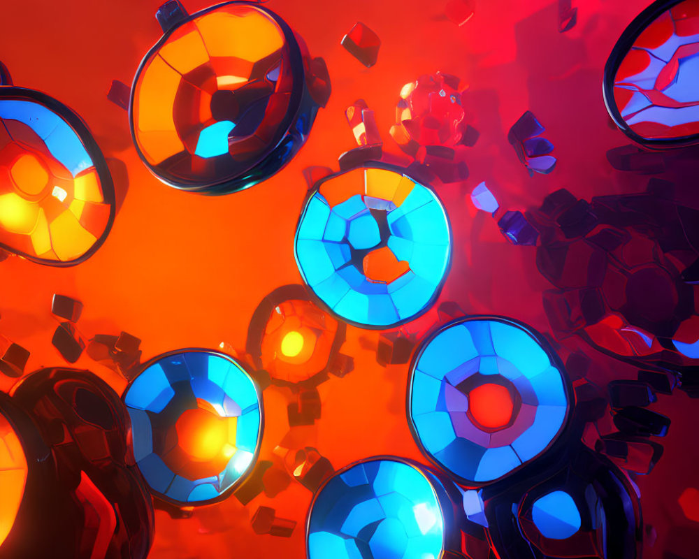 Blue glowing core spheres in red-orange shattered environment