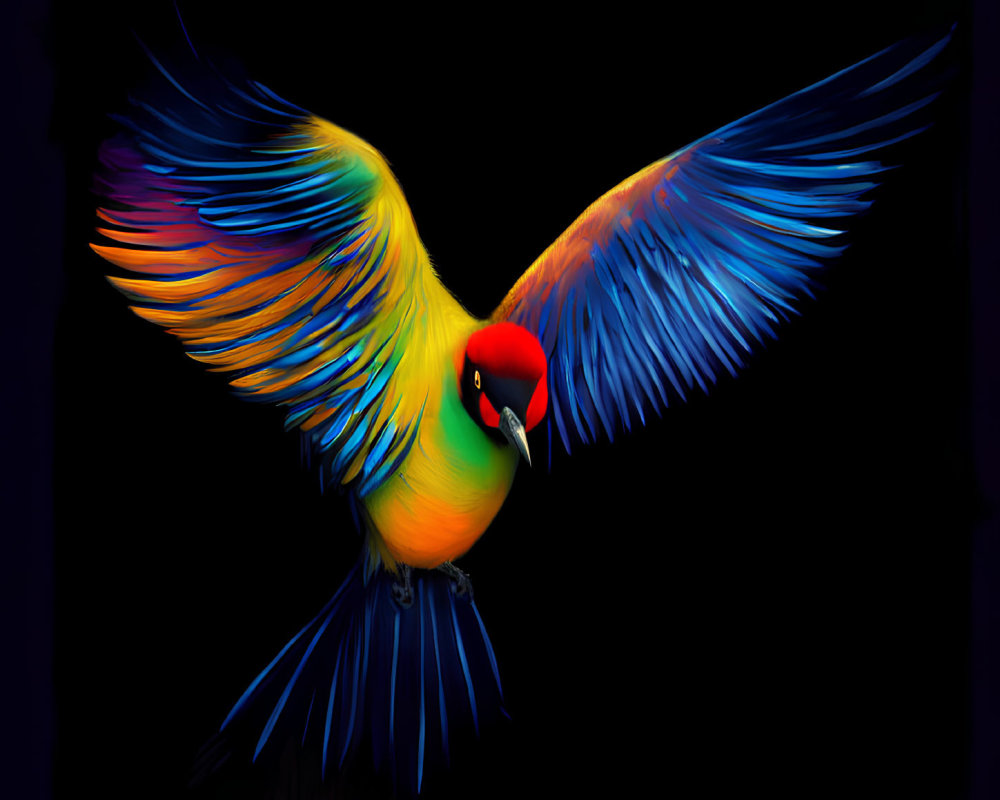 Colorful Parrot in Mid-Flight Against Black Background