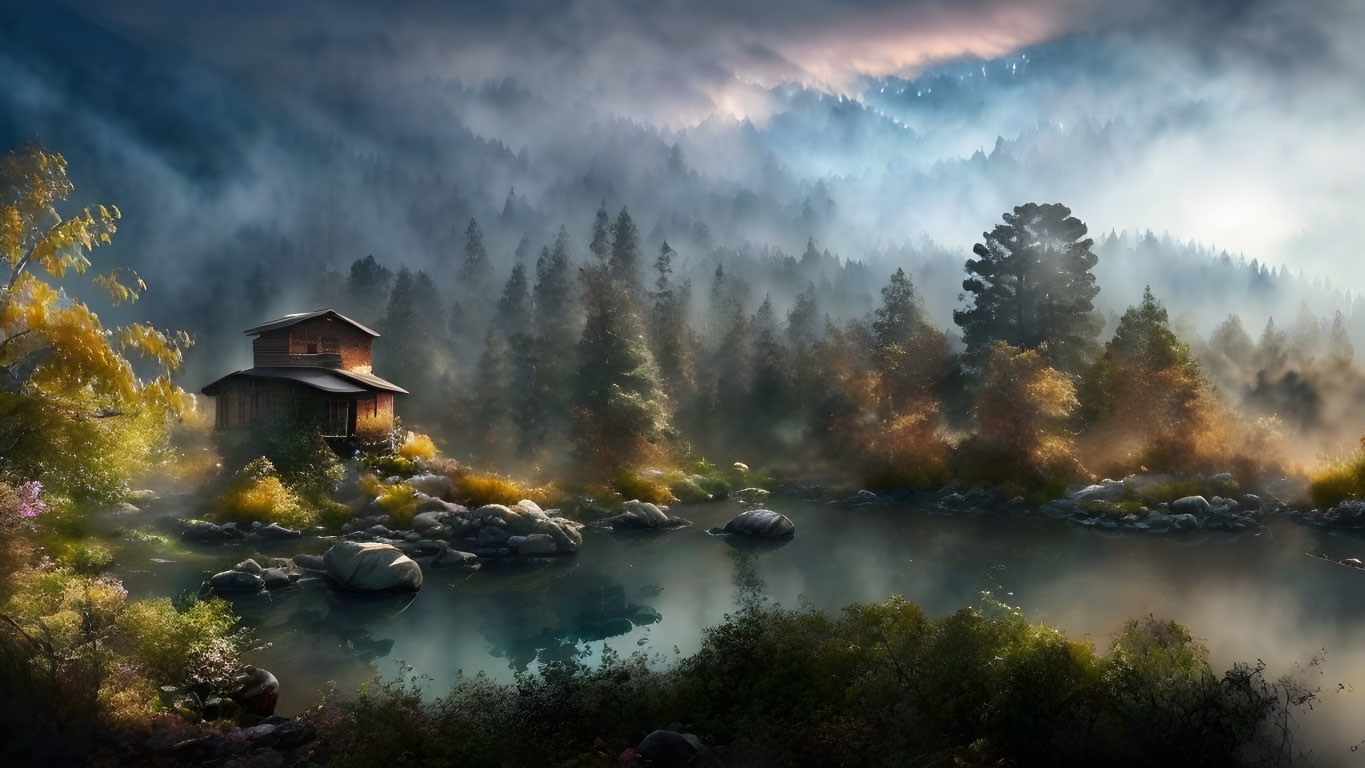 Tranquil landscape: house by river, misty forests, dawn-lit sky