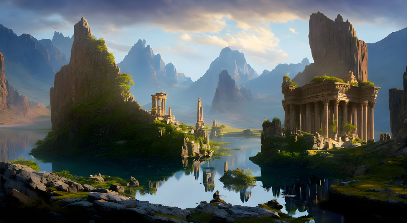 Tranquil lakeside scene with ancient ruins and mountains