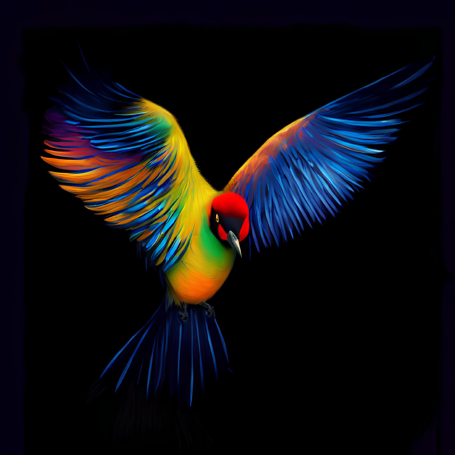 Colorful Parrot in Mid-Flight Against Black Background