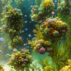 Colorful Coral Formations and Fish in Vibrant Underwater Scene