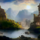 Tranquil lakeside scene with ancient ruins and mountains