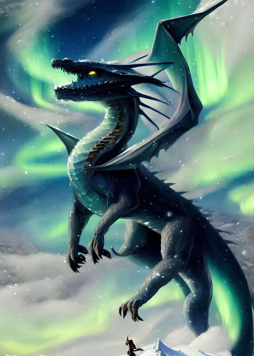 Blue Dragon with Glowing Eyes Towering Over Human in Snowy Landscape