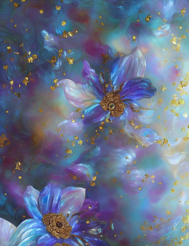 Blue Flower Abstract Art with Swirling Blue, Purple, and Gold Accents