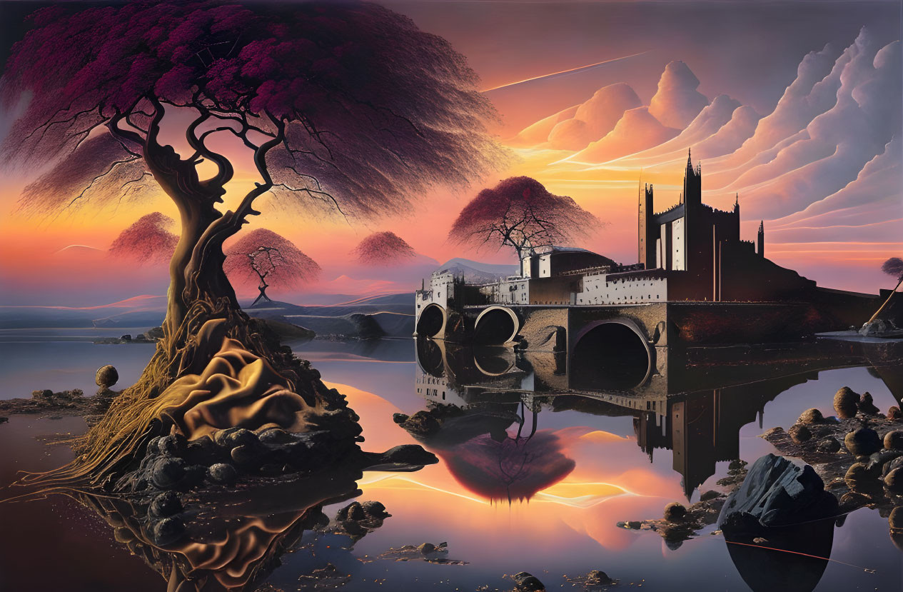 Surreal landscape with castle, reflective lake, crimson trees, sunset sky, and rock formations