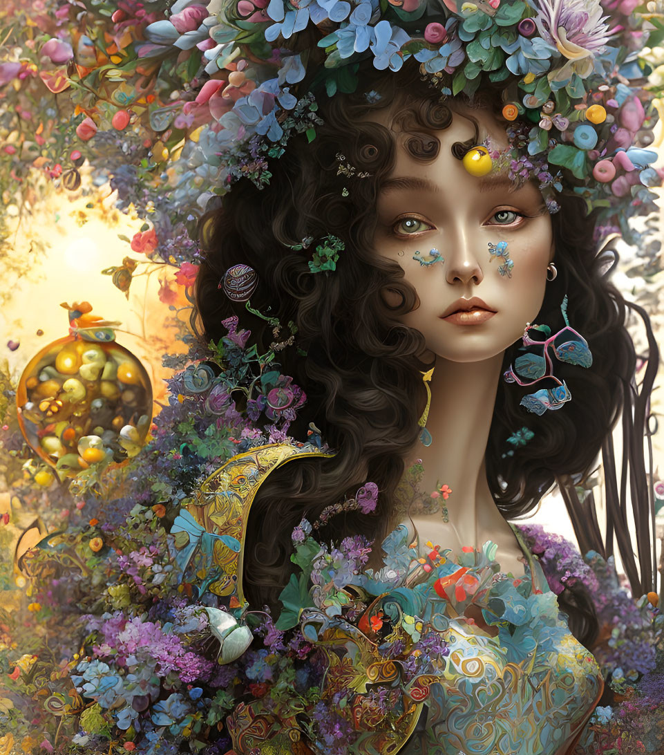 Vibrant floral and mystical portrait with gold accents