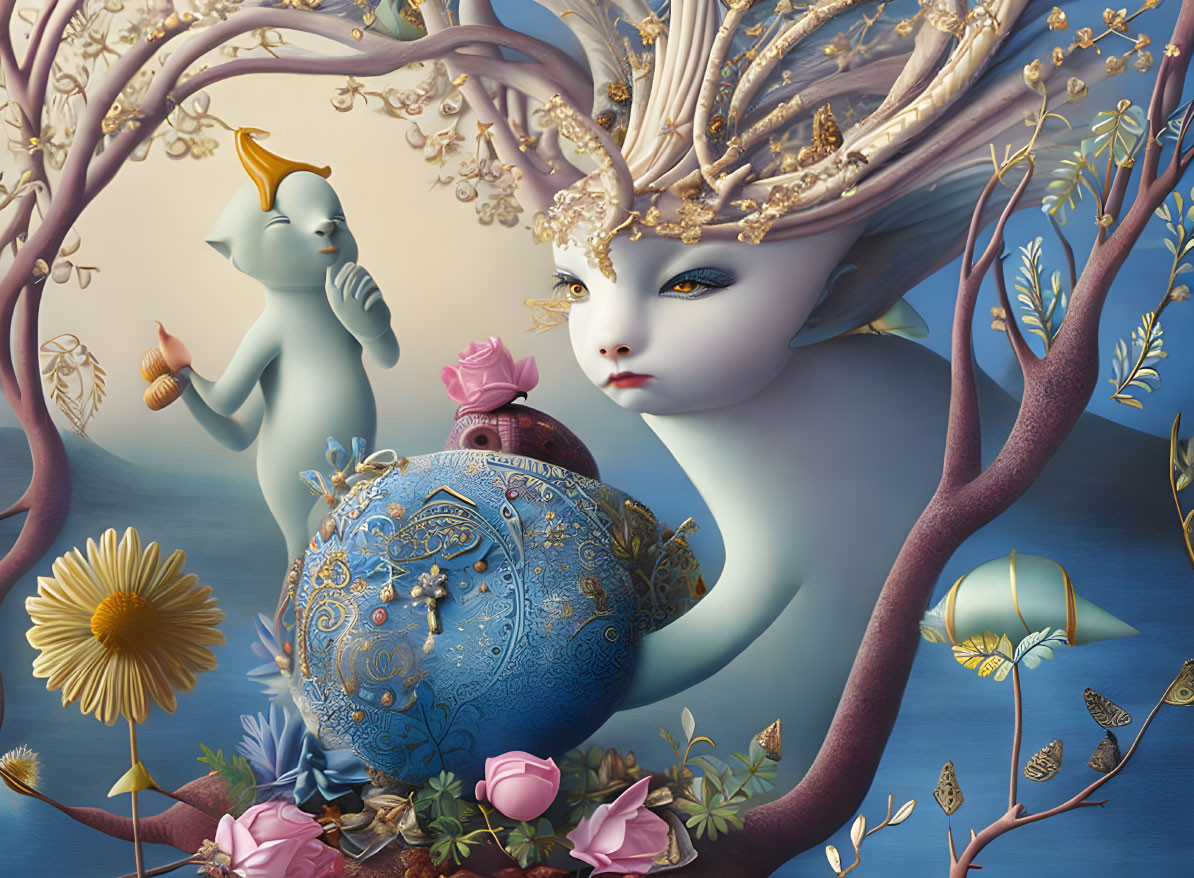 Surreal artwork: cat-like figure, tree branch crown, flute-playing creature, floral and bird