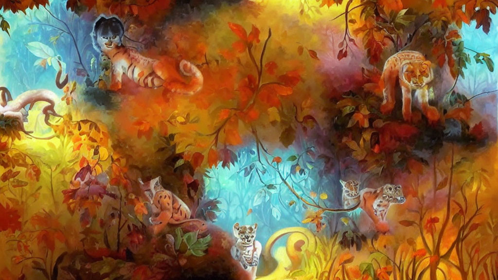 Colorful Artwork: Stylized Felines Among Autumn Leaves