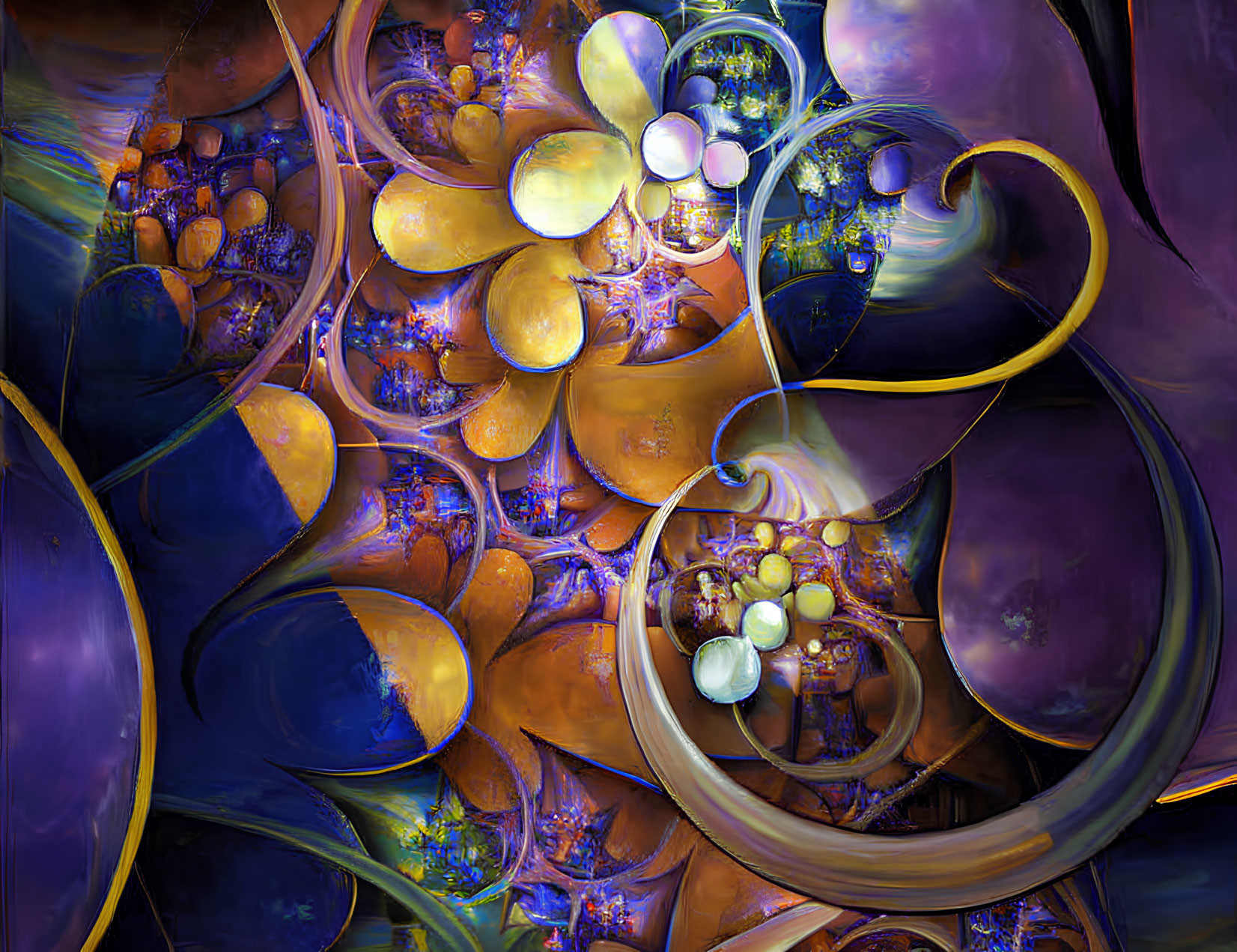 Colorful Abstract Fractal Art with Swirling Patterns in Purple, Blue, and Gold