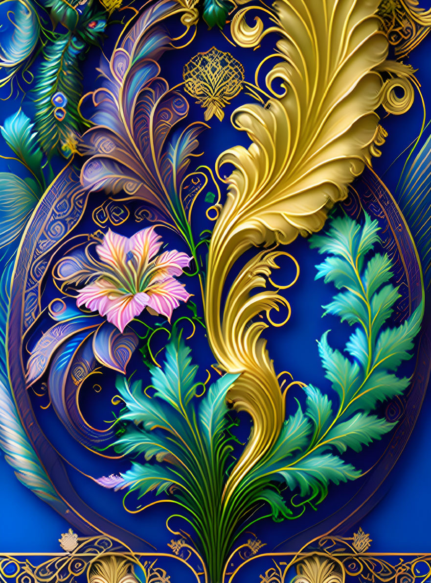 Intricate golden and peacock-blue pattern with swirls, feathers, and pink flower
