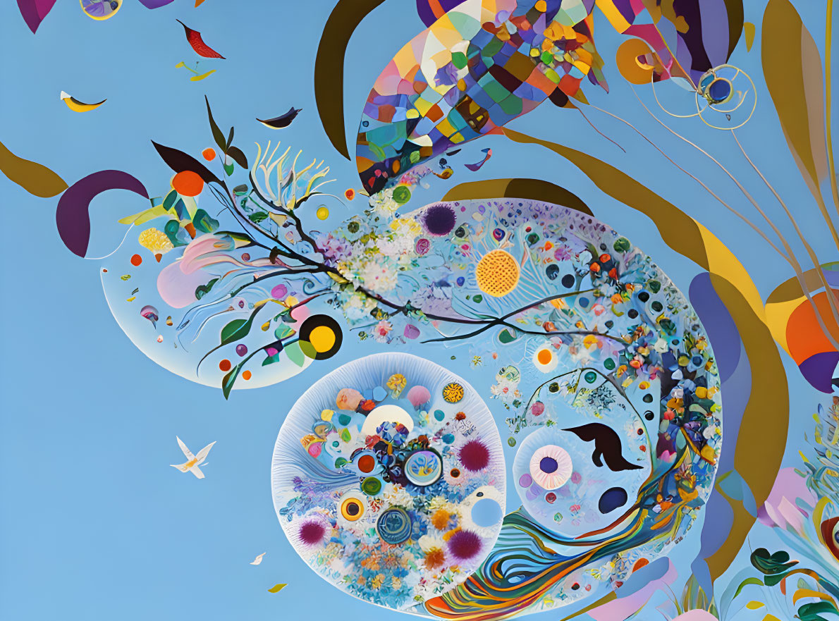 Colorful Abstract Artwork: Whimsical Shapes, Patterns, and Floating Elements in Blues, Or