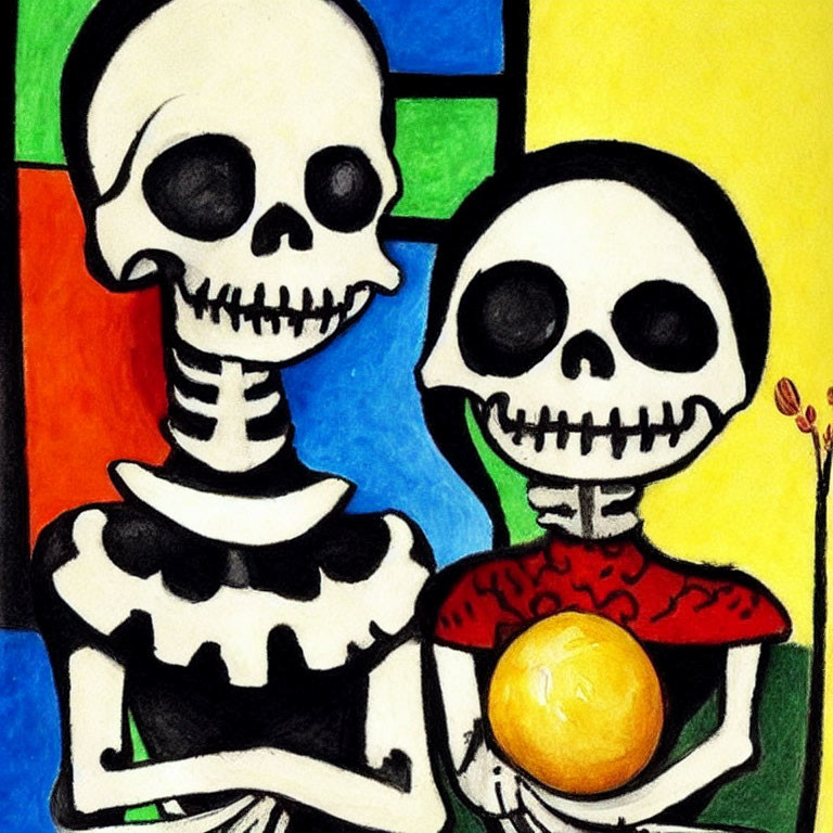 Stylized skeletons with expressive skull faces and colorful geometric background