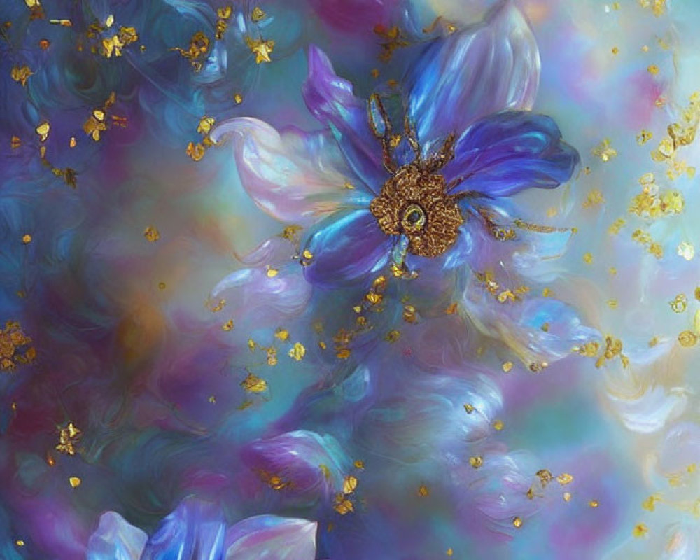 Blue Flower Abstract Art with Swirling Blue, Purple, and Gold Accents