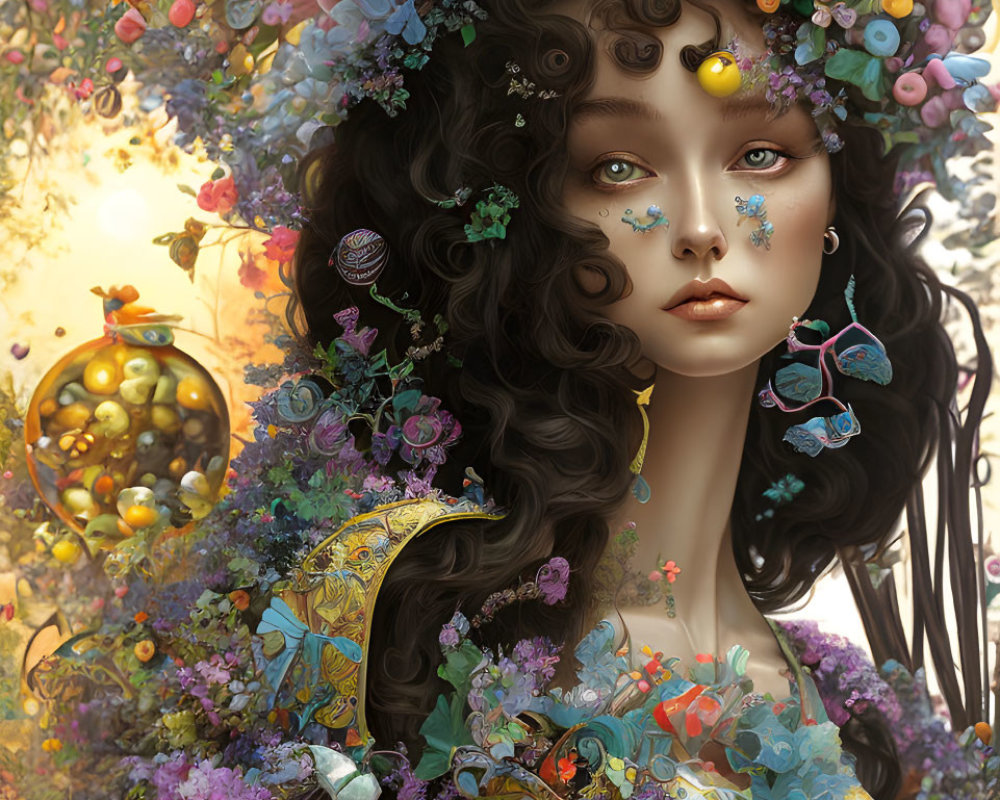 Vibrant floral and mystical portrait with gold accents