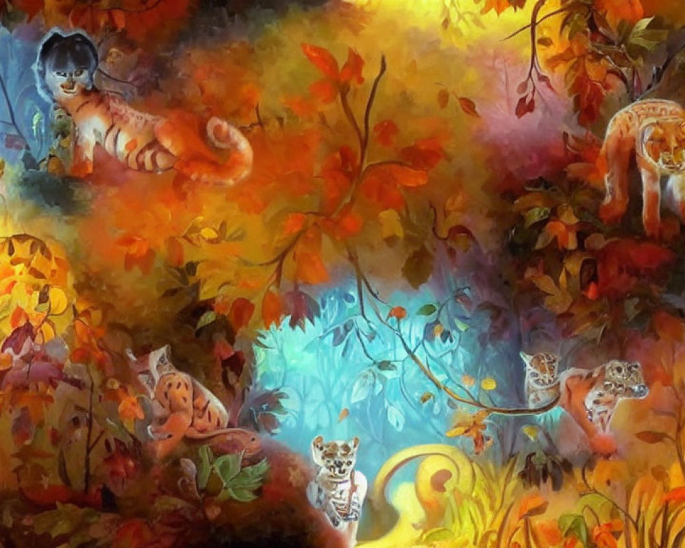 Colorful Artwork: Stylized Felines Among Autumn Leaves