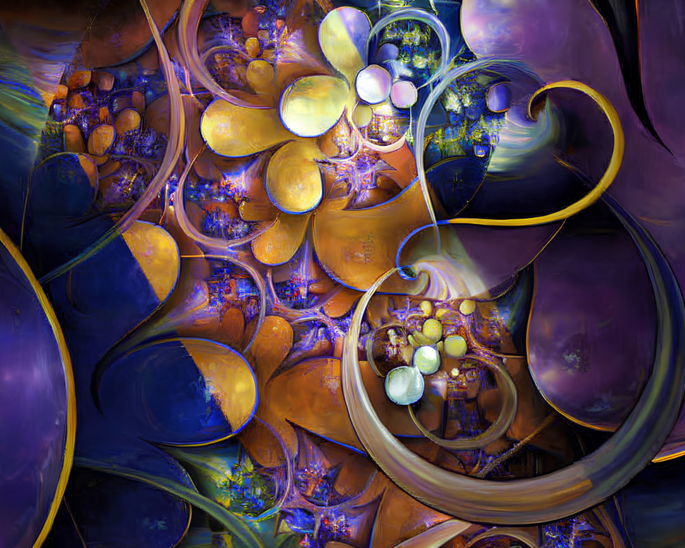 Colorful Abstract Fractal Art with Swirling Patterns in Purple, Blue, and Gold