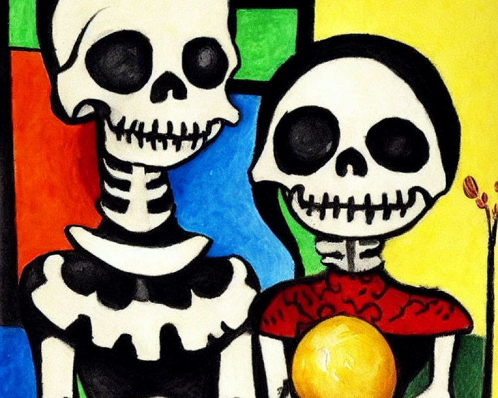 Stylized skeletons with expressive skull faces and colorful geometric background