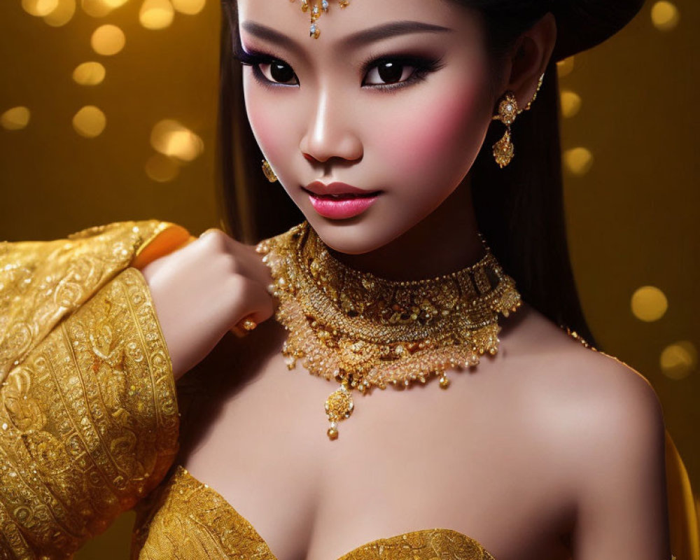 Elaborately adorned woman in traditional attire against golden backdrop