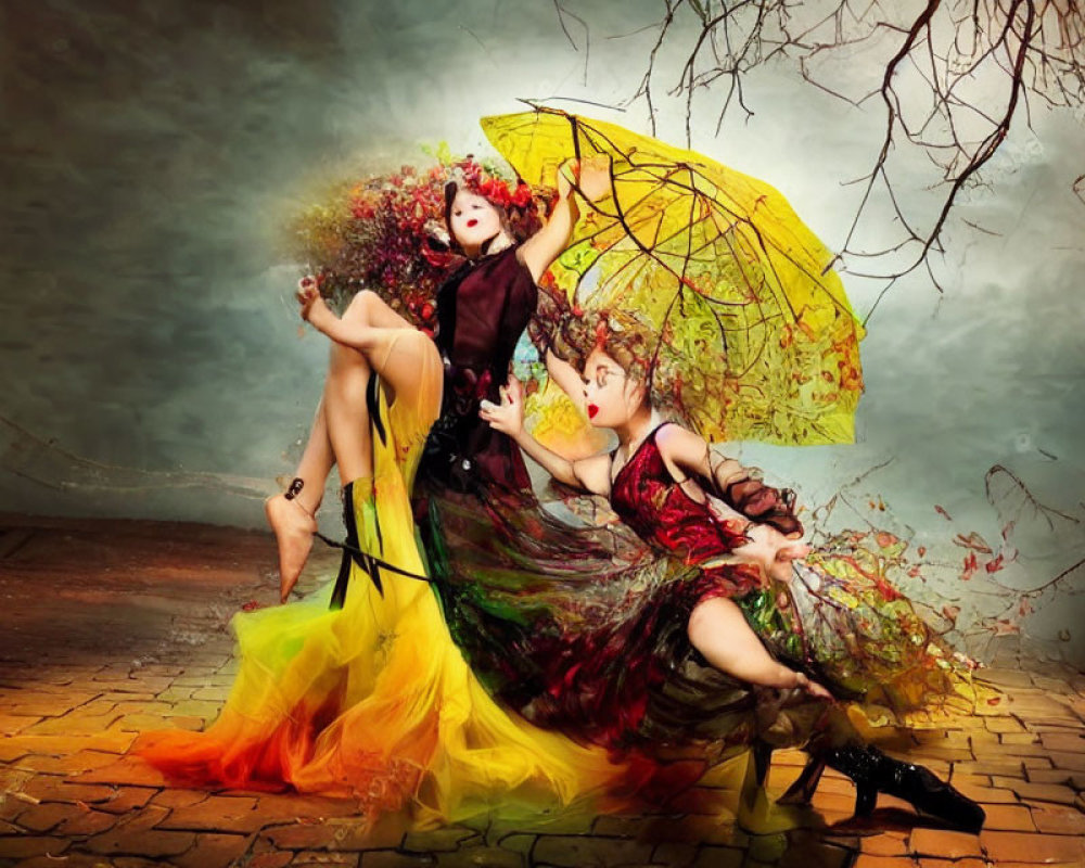 Two women in colorful dresses with umbrella in autumn backdrop