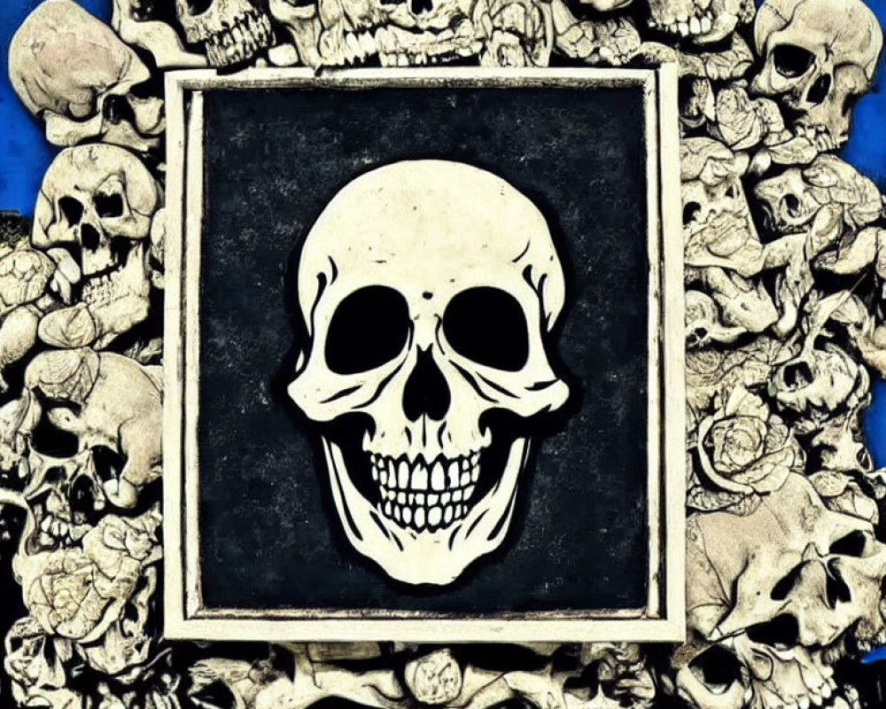 Skull Artwork Featuring Central & Smaller Skulls on Blue Background