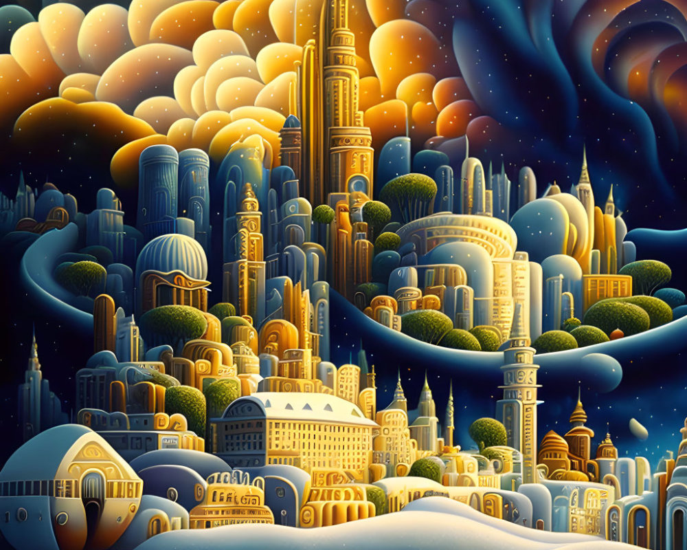 Fantastical cityscape with futuristic buildings under starry night sky