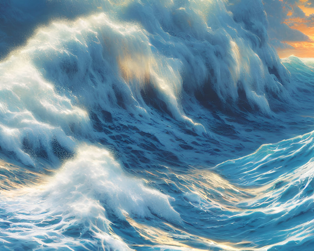 Majestic wave cresting at golden sunset in turbulent ocean