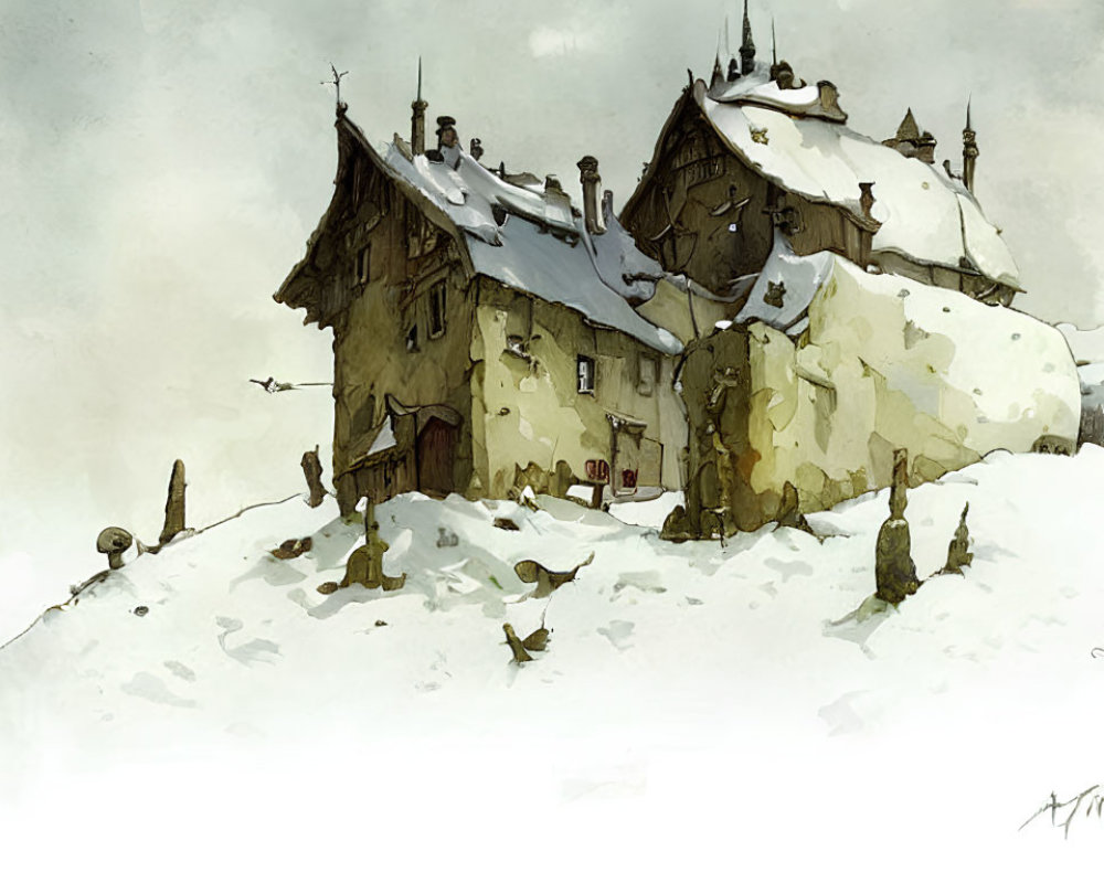 Snowy landscape illustration of a quaint house with watercolor texture