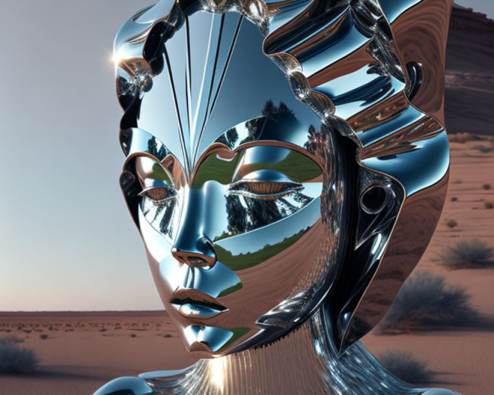 Metallic humanoid sculpture with stylized face in desert setting