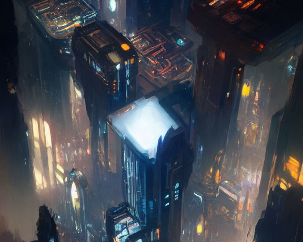 Futuristic cityscape with neon-lit skyscrapers and foggy ambiance