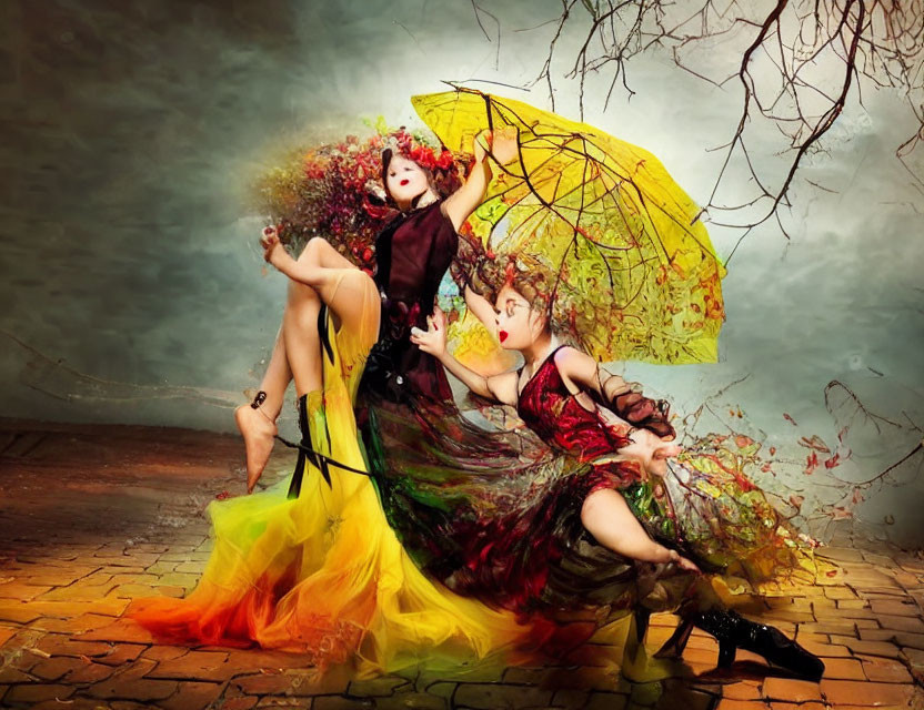 Two women in colorful dresses with umbrella in autumn backdrop