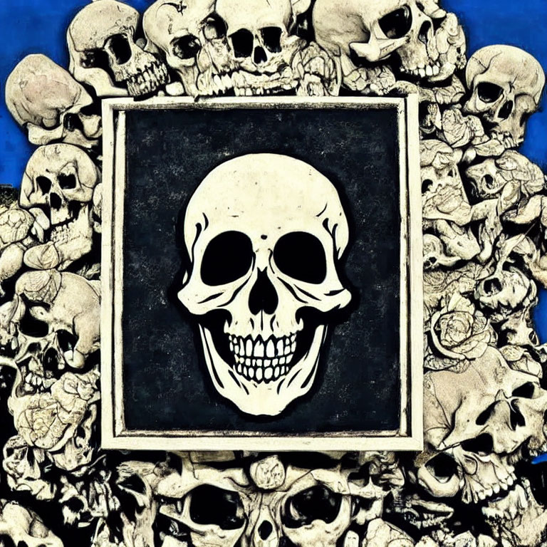 Skull Artwork Featuring Central & Smaller Skulls on Blue Background