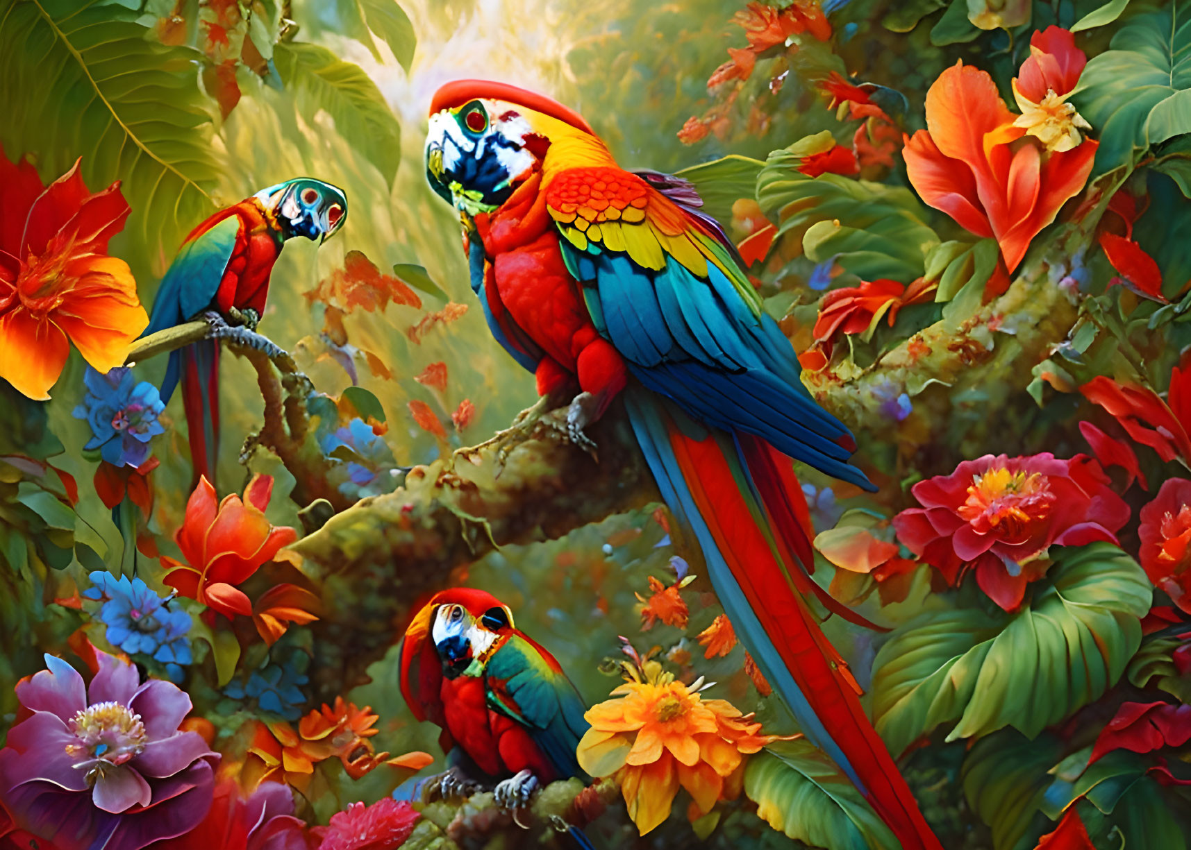 Colorful Parrots in Lush Tropical Setting
