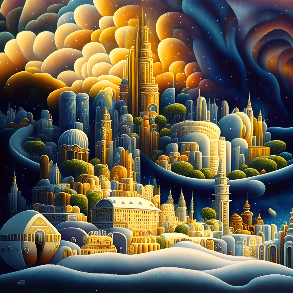 Fantastical cityscape with futuristic buildings under starry night sky