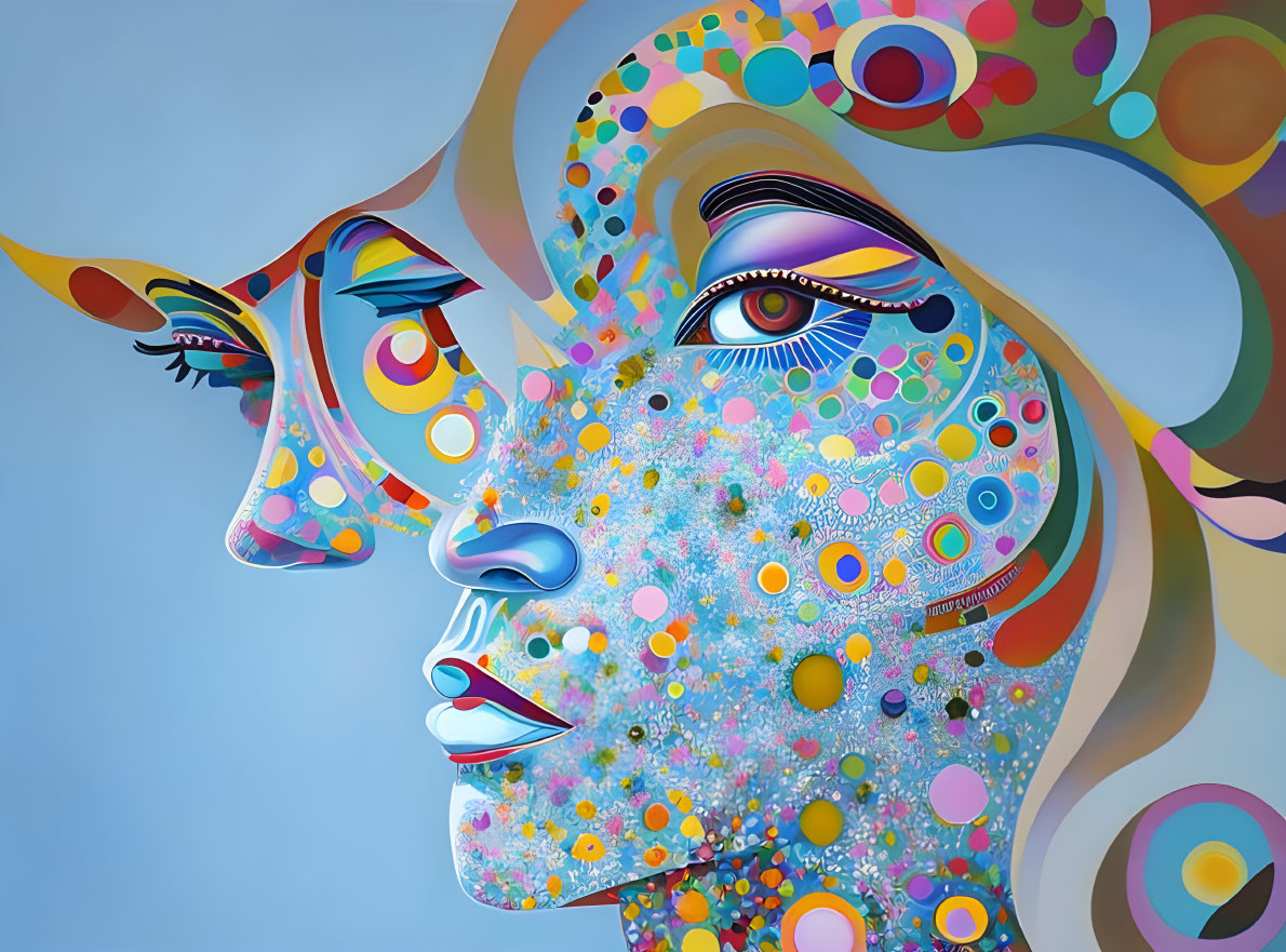 Abstract Art: Colorful Female Faces with Swirling Patterns on Blue Background