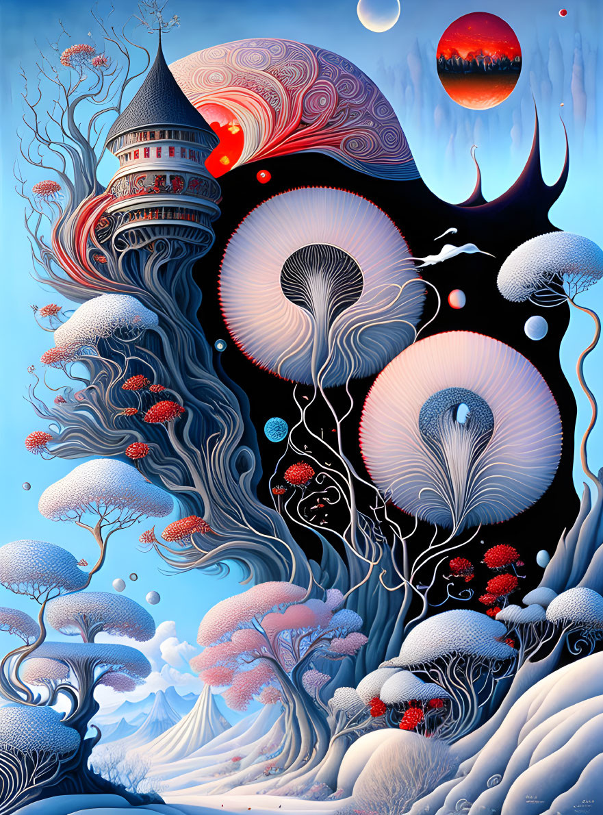 Surrealist landscape with spiraled building and mushroom canopies
